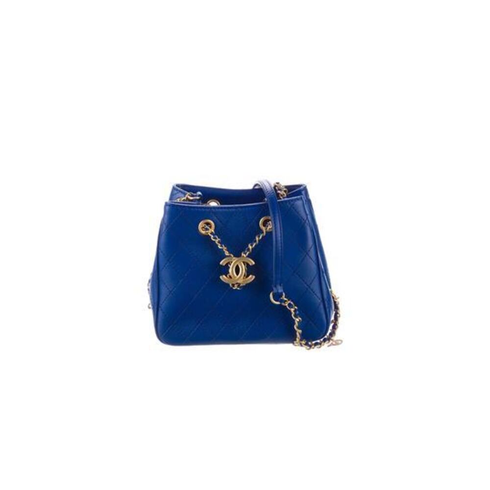 CHANEL 2019 Authentic blue Leather Drawstring Bucket Shoulder Bag